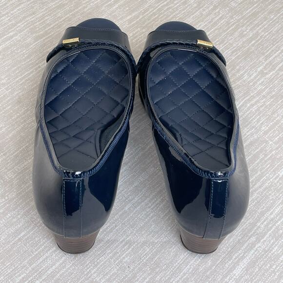 Cole Haan Tali Peep Toe Wedge Navy Patent Leather Bow Quilted Grand OS Women's 8 - Picture 5 of 13